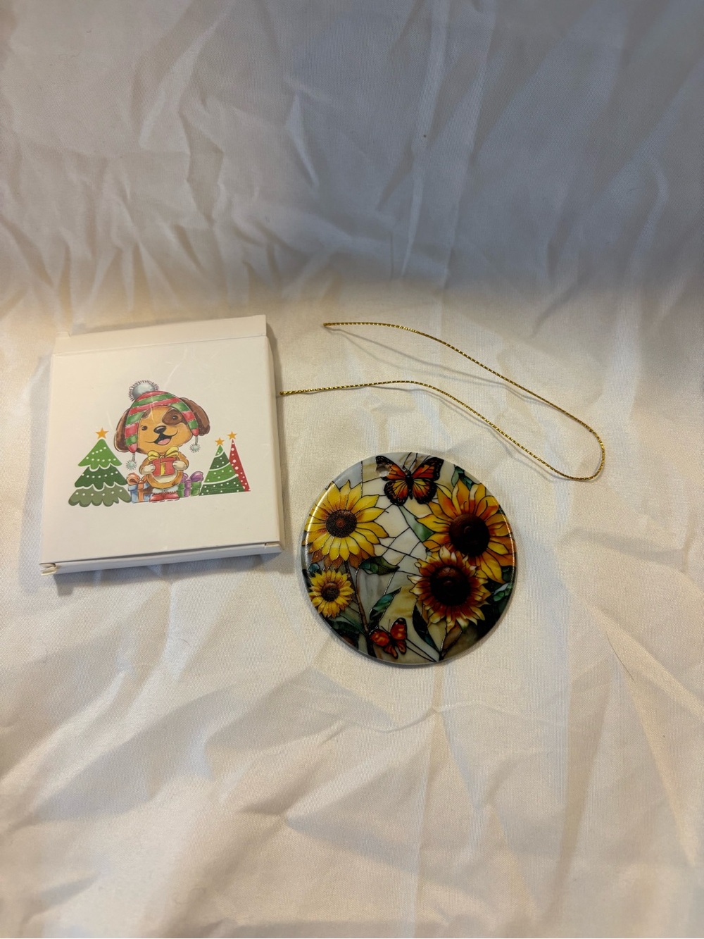 Sunflower and Butterfly Round Ornament - Yellow Floral Hanging Decor